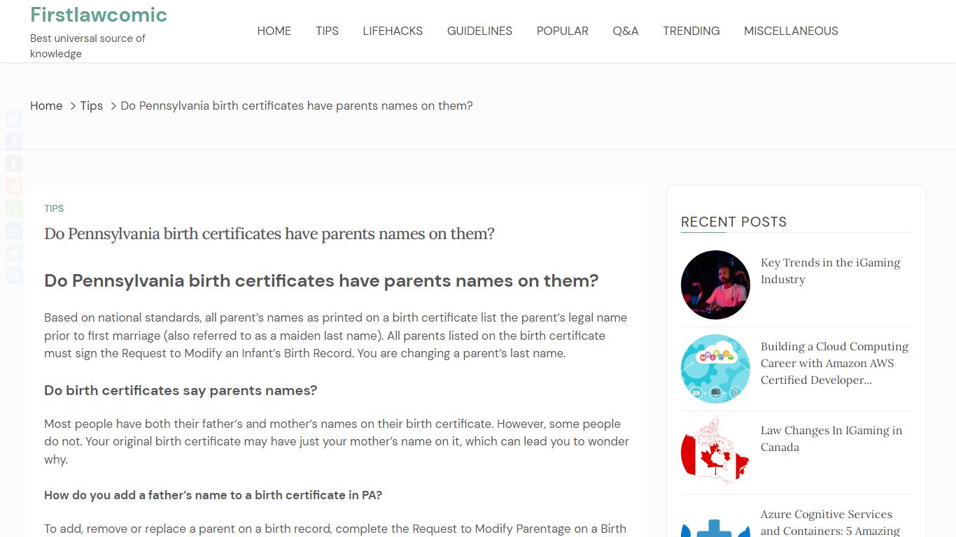 Do Pennsylvania birth certificates have parents names on them?